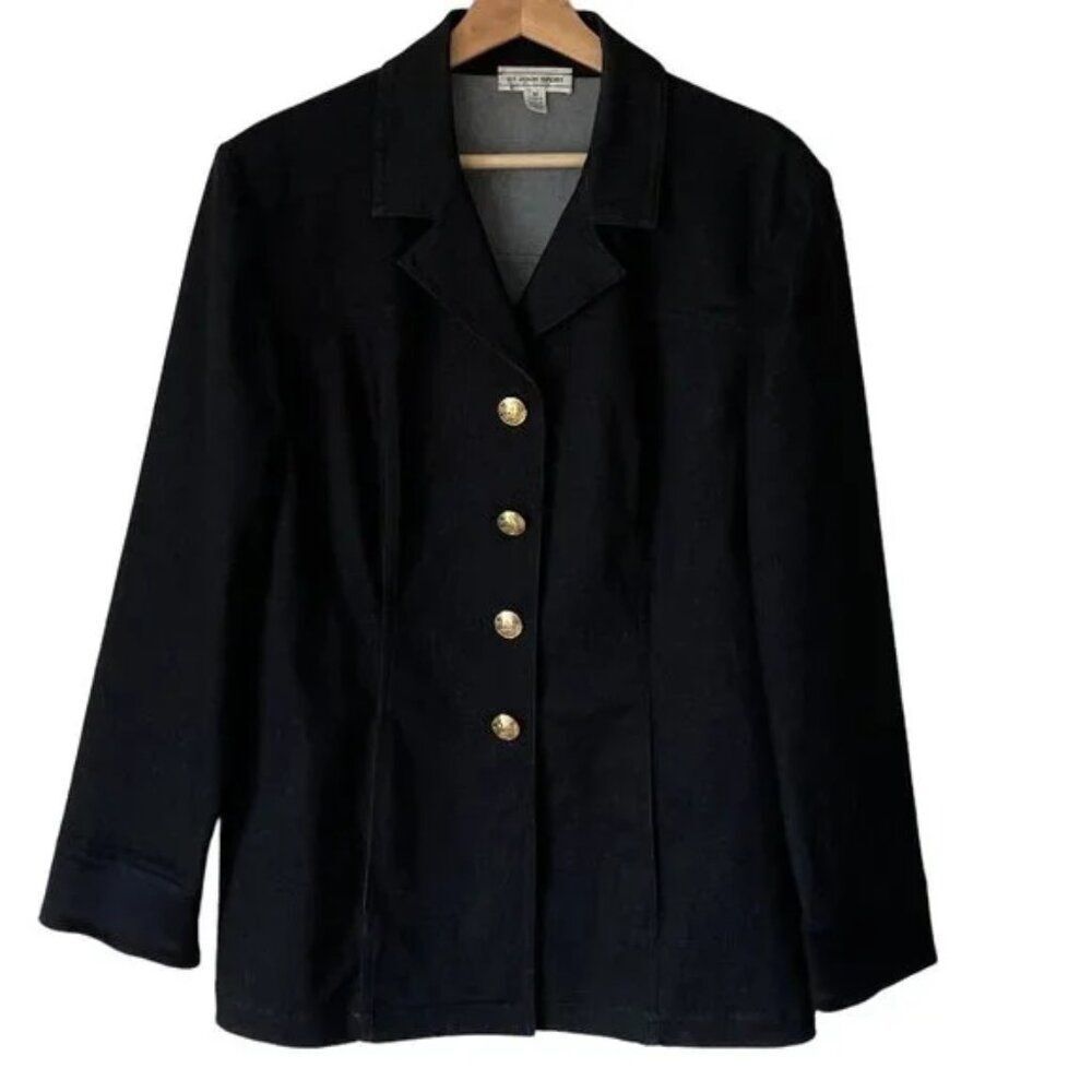 St. John Sport Classic Black Cotton Denim Blazer Jacket Gold buttons like new Sm